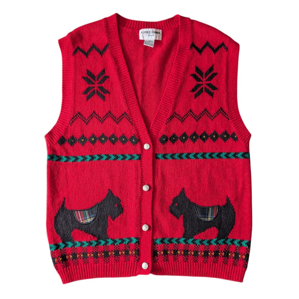Vintage Alfred Dunner Red Scottie Dog Christmas Sweater Vest Size PM Petite 90s